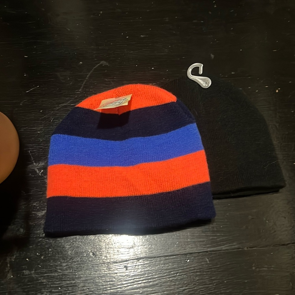 Two Knit Beanies for Kids Striped and Black OS